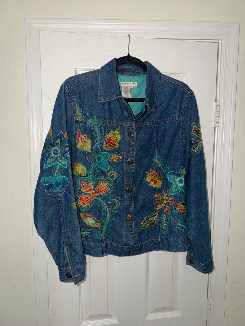 Coldwater Creek Dark Blue Denim Jacket with Multicolor Floral Embroidery